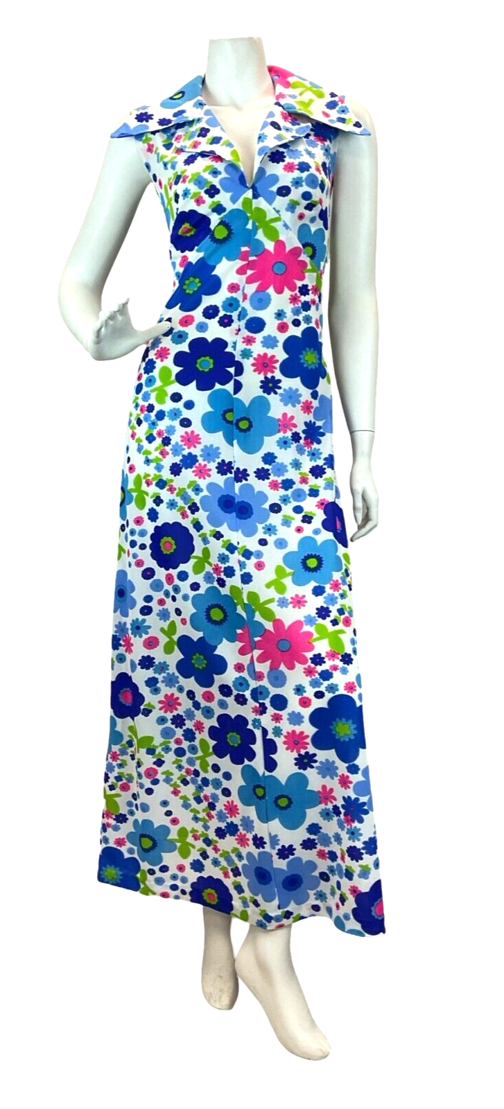 VTG 70S POP ART PSYCHEDELIC FLORAL DAGGER COLLAR MAXI DRESS PINK BLUE GREEN 10