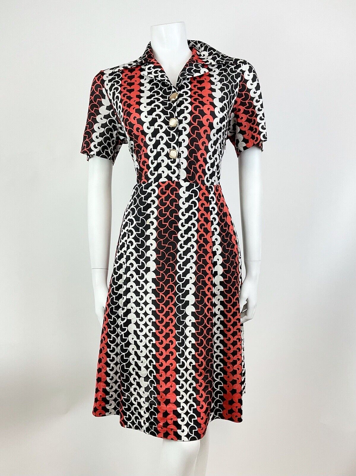 VTG 60s 70s BLACK RED WHITE GEOMETRIC PSYCHEDELIC MOD SHIRT DRESS 14 16