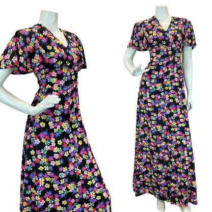 VTG 70S BUTTERFLY SLEEVE FLORAL MAXI DRESS BLACK PINK PURPLE GREEN YELLOW 8