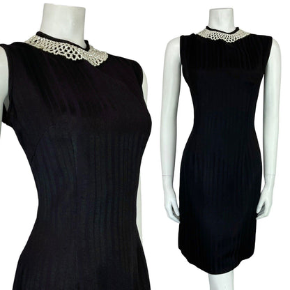 VTG 60S MOD BLACK WHITE PEARL BEADED NECKLINE PARTY MINI DRESS 10 11