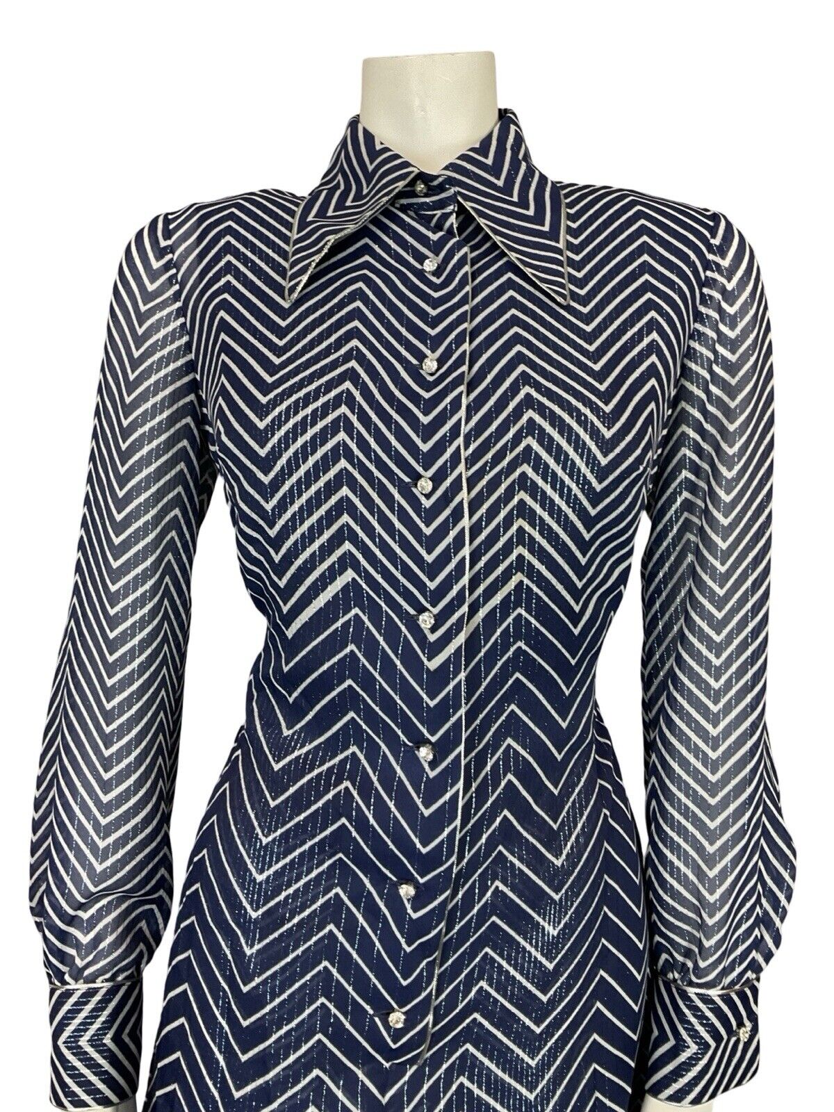 VTG 70S NAVY BLUE WHITE SPARKLE STRIPE DAGGER COLLAR PARTY SHIRT DRESS 12