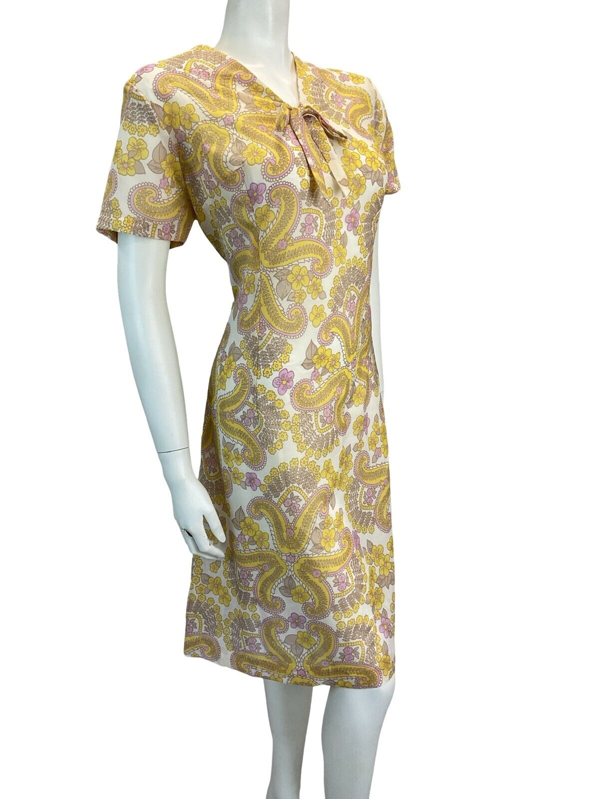 VTG 60S MOD SCOOTER SECRETARY PAISLEY MINI SHIFT DRESS PINK YELLOW WHITE 14 16