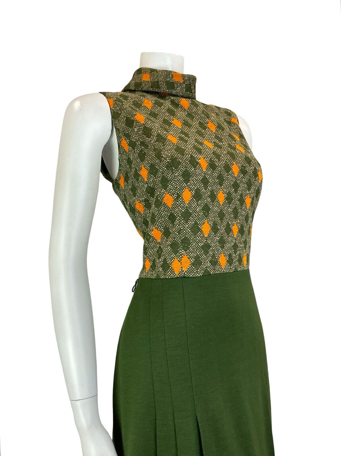 VTG 60S 70S DARK GREEN ORANGE DIAMOND CHECKED SLEEVELESS MIDI DRESS SIZE S 8 10