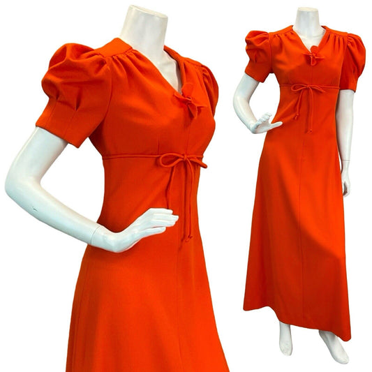 VTG 70S TANGERINE ORANGE FORMAL PUFF SLEEVE PARTY MAXI DRESS 8 10