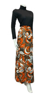 VTG 70S BROWN ORANGE WHITE BLACK FLORAL PSYCHEDELIC MAXI SKIRT SIZE 10