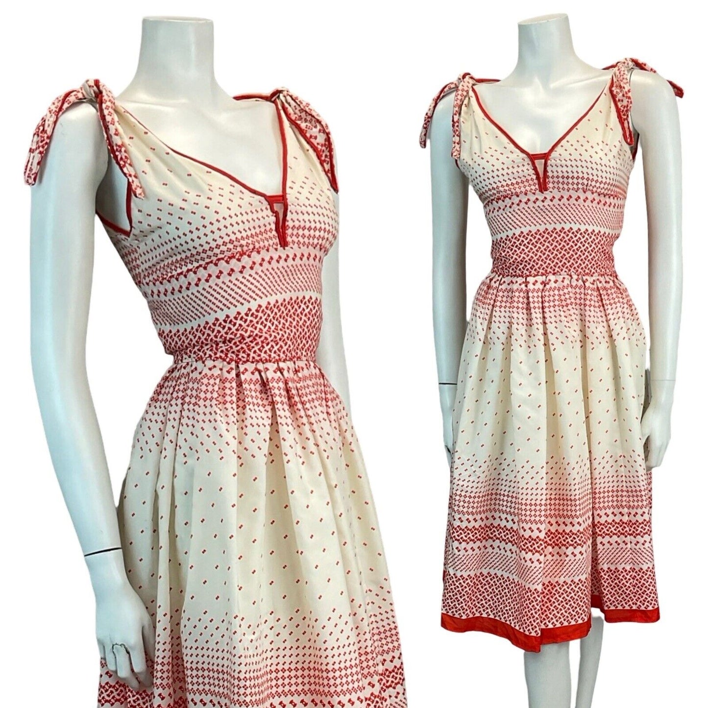 VTG 70S RED WHITE GEOMETRIC PRINT SUMMER SUN DRESS 8 10