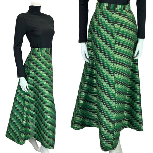 VTG 70S GREEN BLACK GOLD STRIPED BAR GEOMETRIC MAXI SKIRT SIZE 8