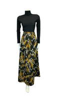 VTG 70S BLACK SILVER YELLOW FOLIAGE BOHO HIPPY FLORAL GLITTERY MAXI SKIRT 10