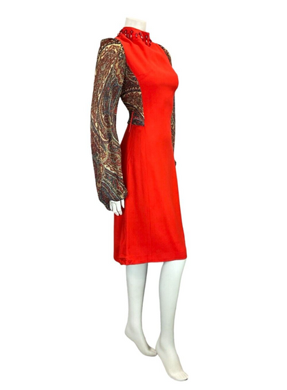 VTG 60S 70S RED CREAM BEADED PSYCHEDELIC PAISLEY LUREX LONG SLEEVE DRESS 4