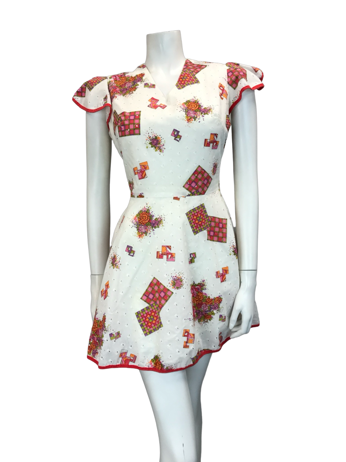 VTG 60S 70S FLORAL GEOMTRIC WHITE RED PINK ANGEL SLEEVE MINI DRESS SIZE 10