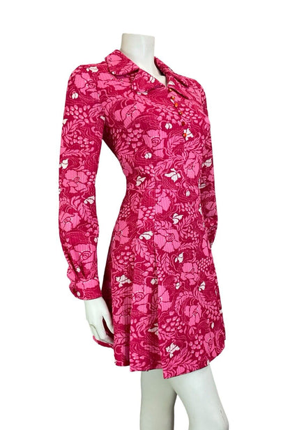 VTG 60S 70S PINK PSYCHEDELIC FLORAL MOD  LAPEL LONG SLEEVE MINI DRESS SIZE 10