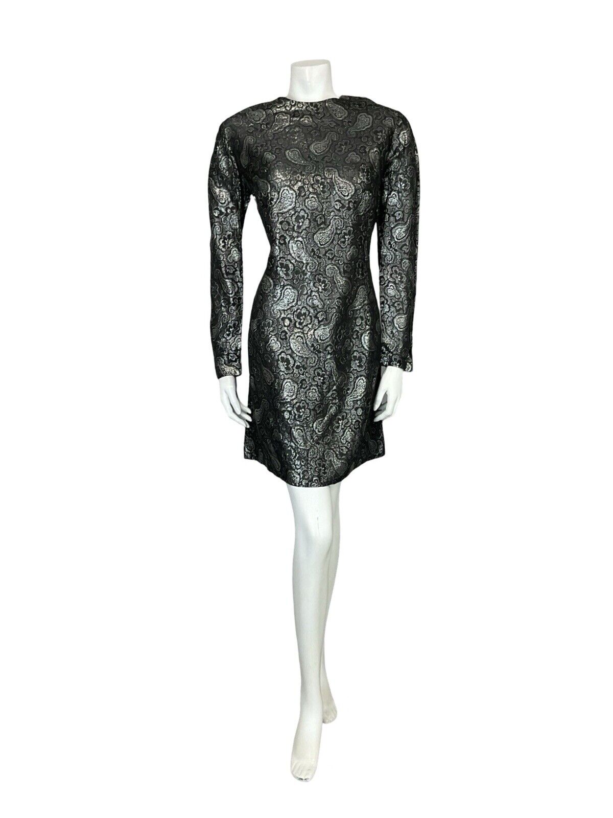 VTG 60S 70S GREY SILVER PAISLEY FLORAL BROCADE LONG SLEEVE PARTY MINI DRESS 14