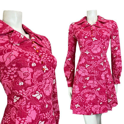 VTG 60S 70S PINK PSYCHEDELIC FLORAL MOD  LAPEL LONG SLEEVE MINI DRESS SIZE 10