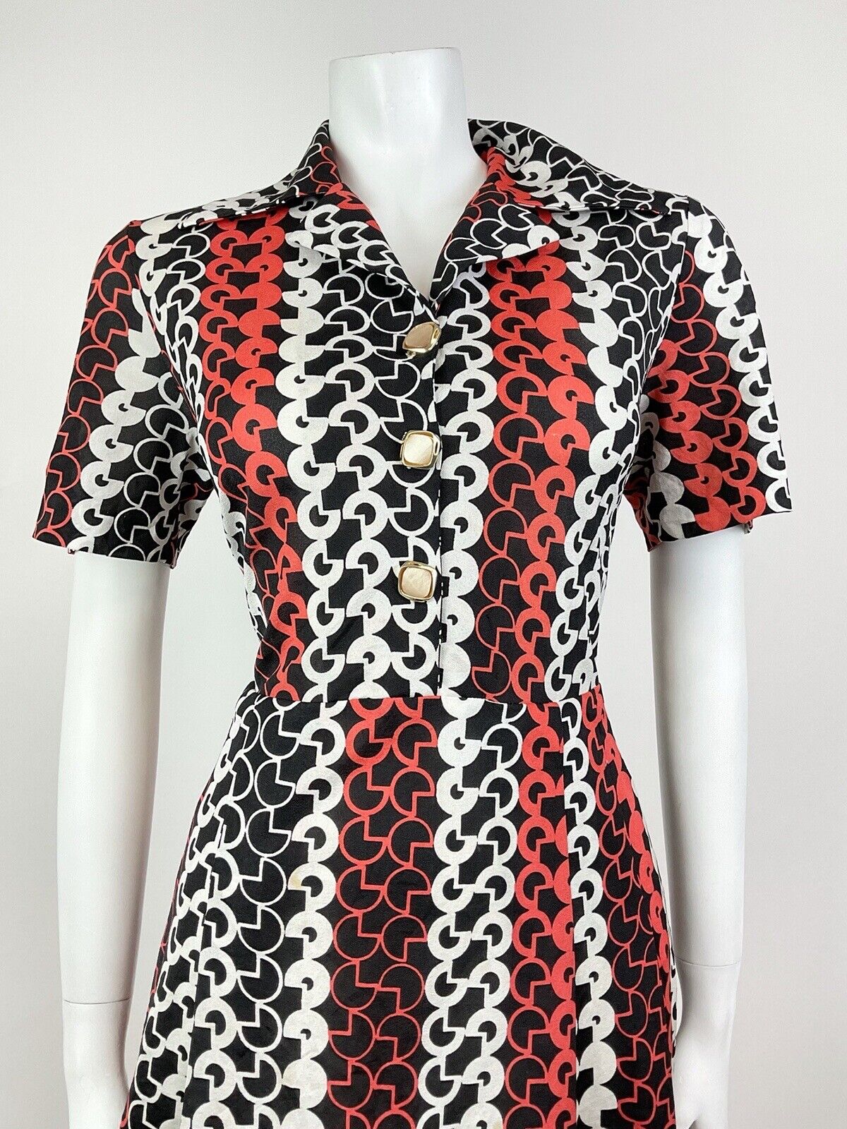 VTG 60s 70s BLACK RED WHITE GEOMETRIC PSYCHEDELIC MOD SHIRT DRESS 14 16