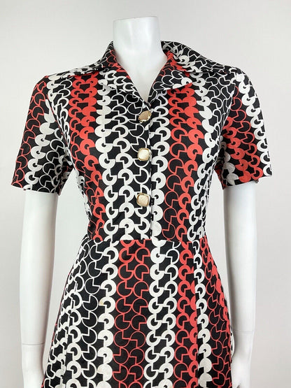 VTG 60s 70s BLACK RED WHITE GEOMETRIC PSYCHEDELIC MOD SHIRT DRESS 14 16