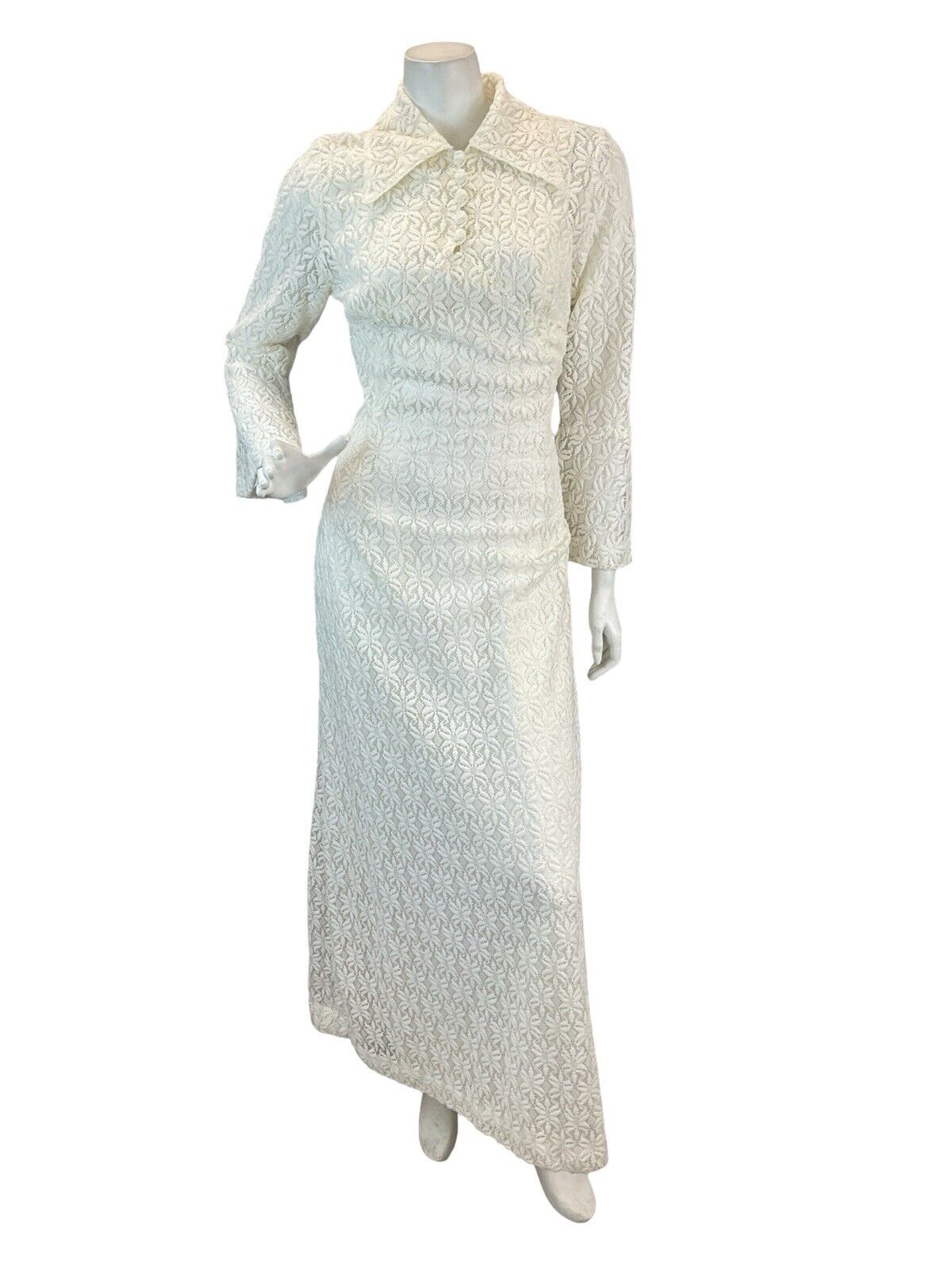 VTG 70s WHITE BEADED FLORAL DAGGER COLLAR BELL SLEEVE MAXI DRESS SIZE 6 8 10 12