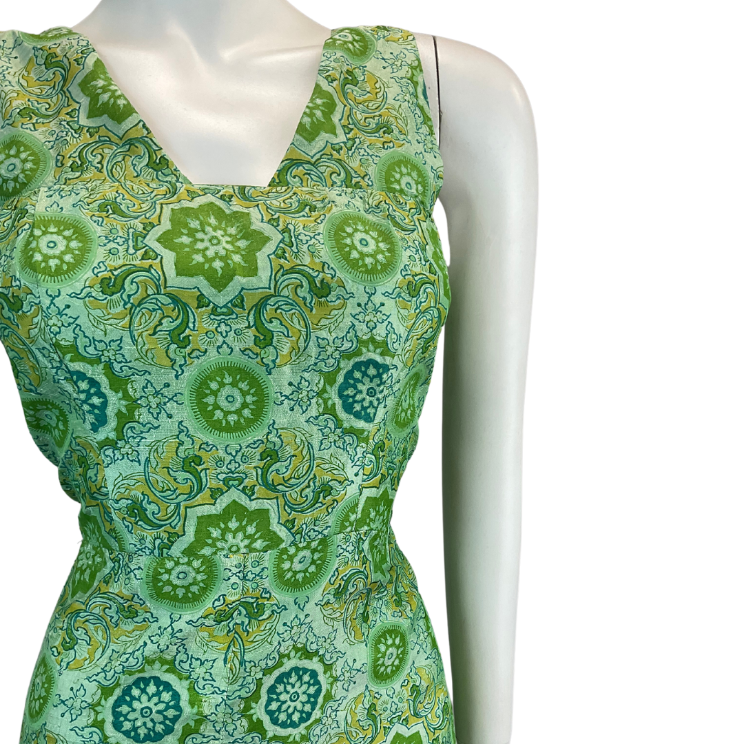 VINTAGE 60s 70s GREEN GEOMETRIC TRIPPY PATTERN MINI DRESS 10