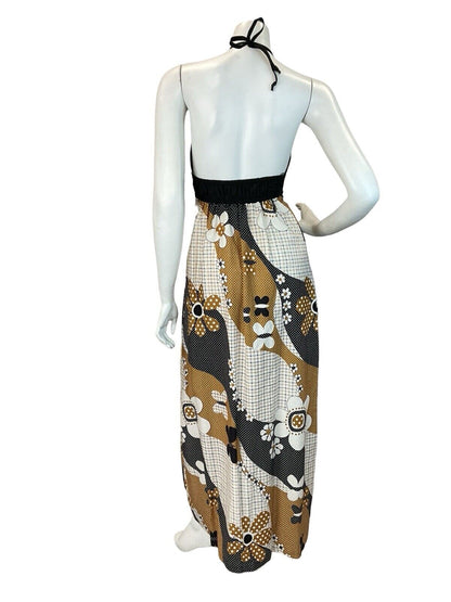 VTG 60S 70S BROWN BEIGE BLAC RETRO FLORAL PATTERN HALTERNECK MAXI DRESS 4 6