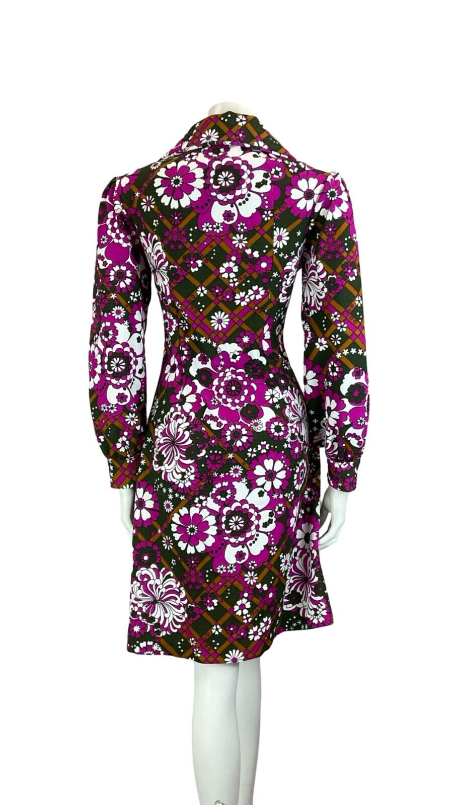 VTG 70S OPEN COLLAR BISHOP SLEEVE FLOWER POWER PINK PURPLE BROWN MIDI DRESS 10