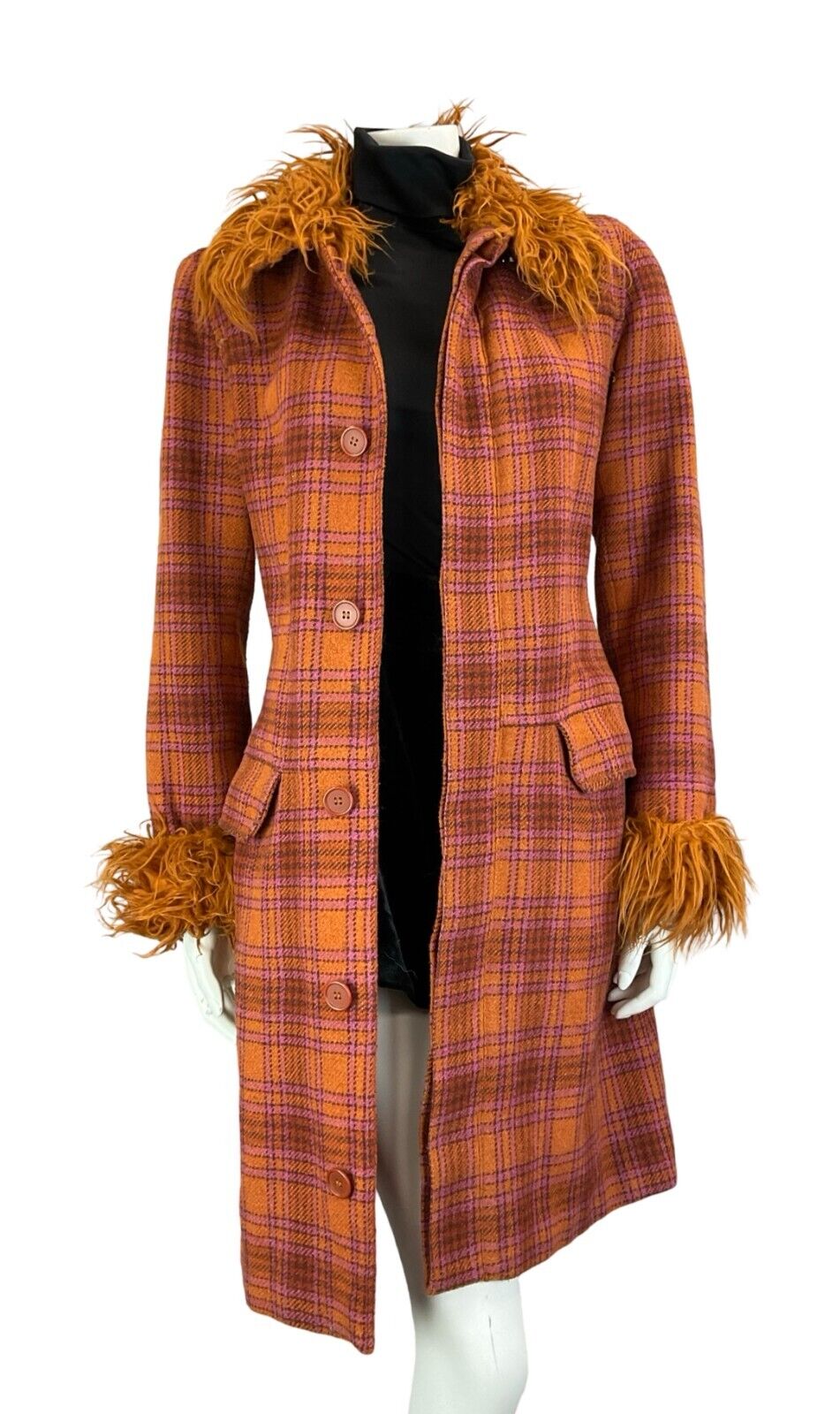 VTG 60S MOD PINK ORANGE FAUX FUR CHECKED TARTAN COAT SIZE 10 12