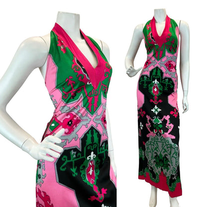 VTG 1970S HALTER SUMMER SUN GEOMETRIC PSYCHEDELIC MAXI DRESS PINK GREEN BLACK 10