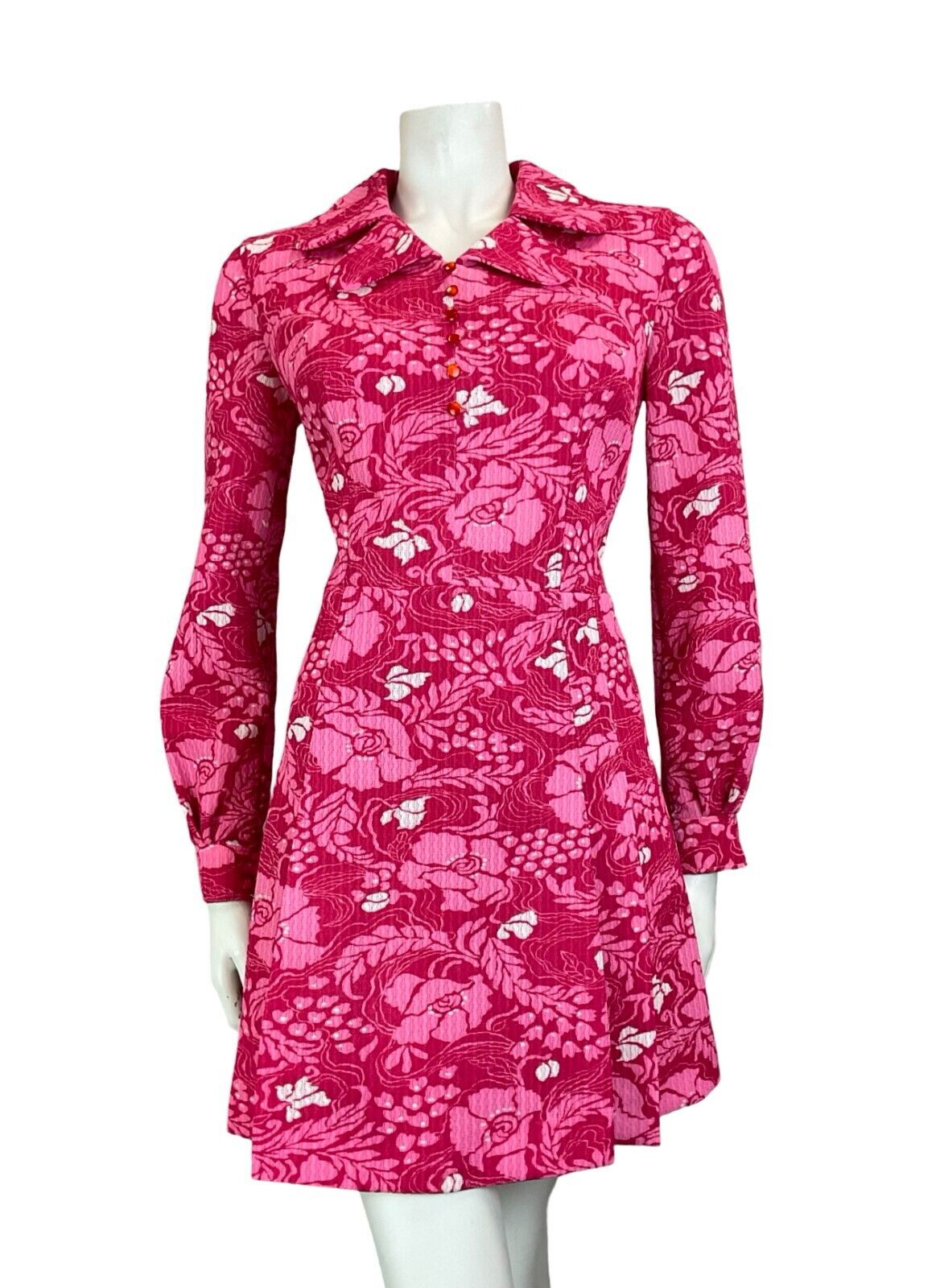 VTG 60S 70S PINK PSYCHEDELIC FLORAL MOD  LAPEL LONG SLEEVE MINI DRESS SIZE 10