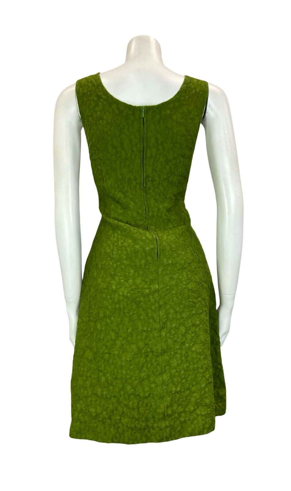 VTG 60S 70S GREEN GOLD BUTTON SLEEVELESS V NECK TEXTURED MIDI DRESS SIZE 6 8