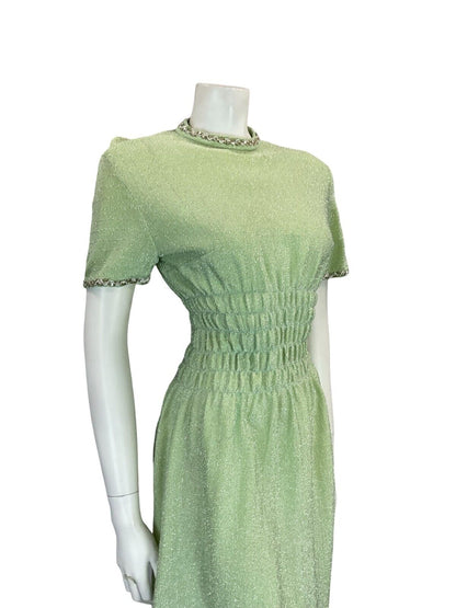 VTG 60S PASTEL GREEN SILVER TRIM T SHIRT MINI DRESS WITH ELASTICATED WAIST 6 8