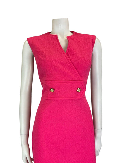 VTG 60S HOT PINK MOD SECRETARY SLEEVELESS TEXTURED EMBOSSED DRESS SIZE 10