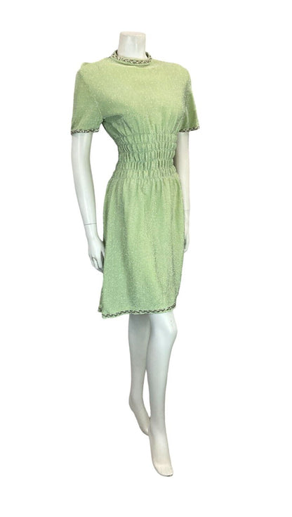 VTG 60S PASTEL GREEN SILVER TRIM T SHIRT MINI DRESS WITH ELASTICATED WAIST 6 8