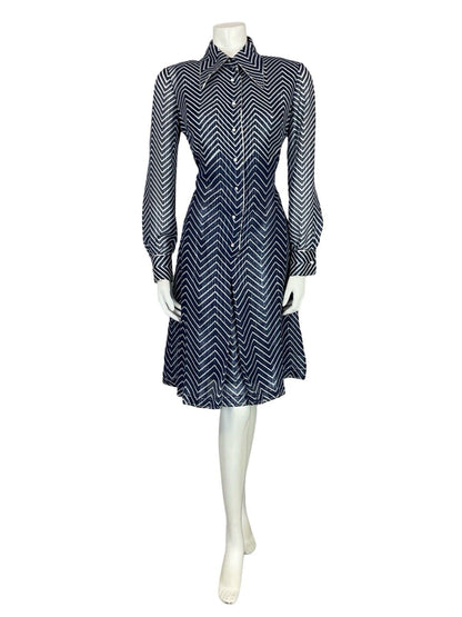 VTG 70S NAVY BLUE WHITE SPARKLE STRIPE DAGGER COLLAR PARTY SHIRT DRESS 12