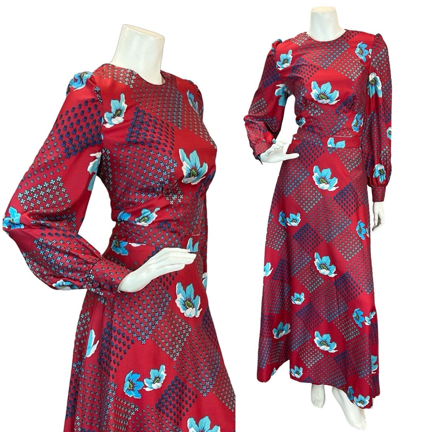 VTG 70S RED BLUE FLORAL GEOMETRIC PARTY MAXI DRESS 8-10