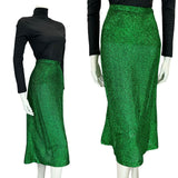 VTG 70S EMERALD GREEN GLITTERY LUREX MIDI SKIRT WITH SLIT SIZE 14