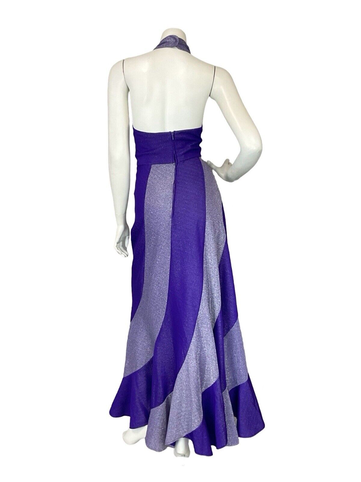 VTG 70S PURPLE LILAC STUDIO 54 TWIST & FLARE DISCO HALTER NECK MAXI DRESS S 8 10