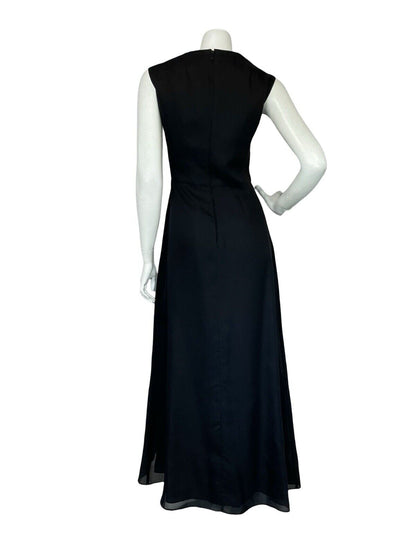 VTG 60S BLACK WHITE FLOATY RUCHED GRECO ROMAN EVENING MAXI DRESS M 12 14