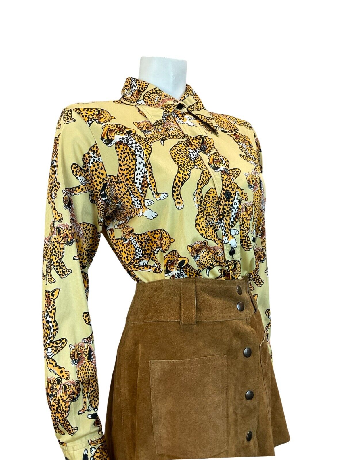 VTG 70S DAGGER COLLAR GOLD YELLOW LEOPARD PATTERN SHIRT TWINS INC MIAMI 14 M