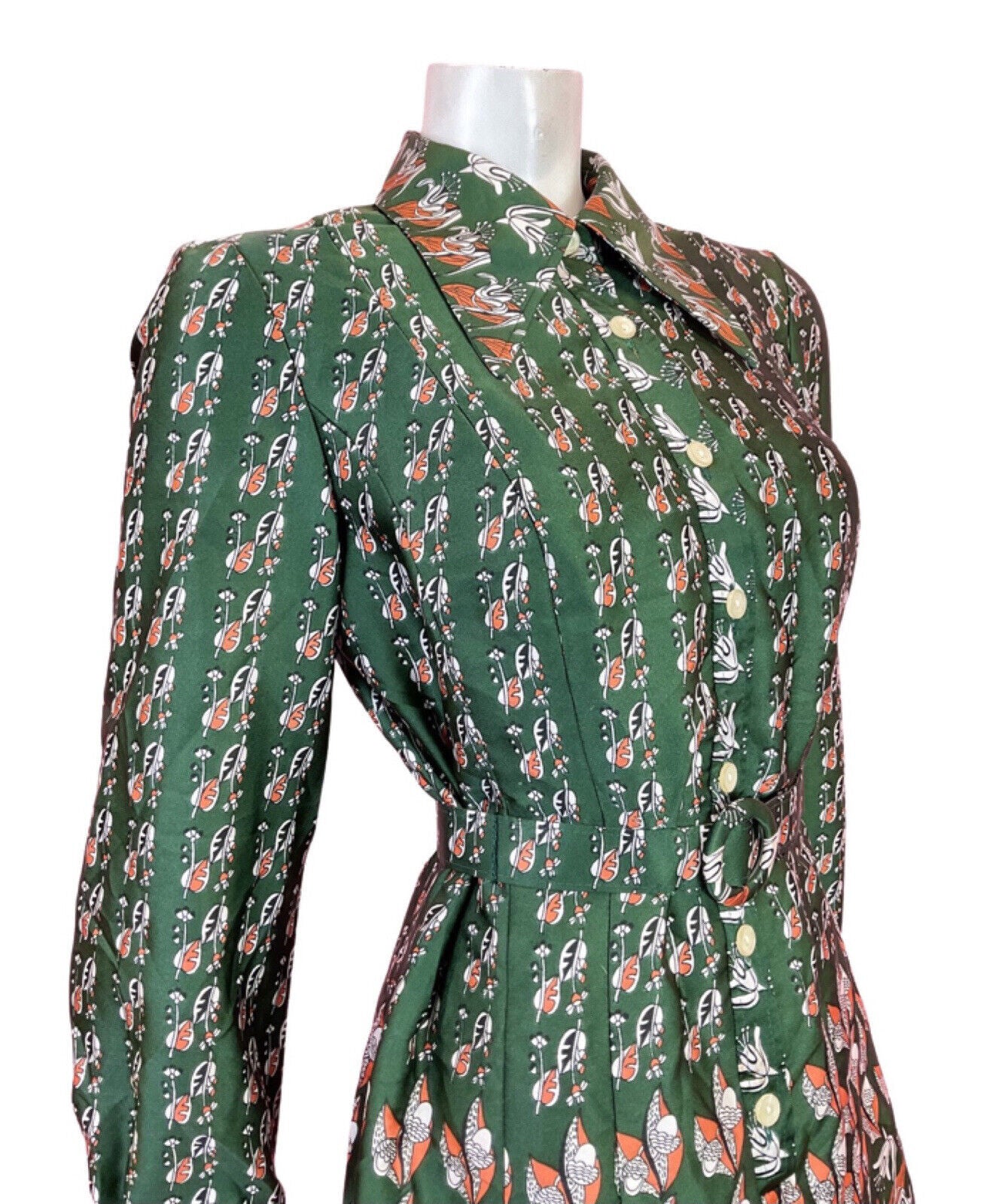 VINTAGE 60s 70s GREEN ORANGE WHITE FLORAL PSYCHEDELIC DAGGER SHIRT DRESS 14 16