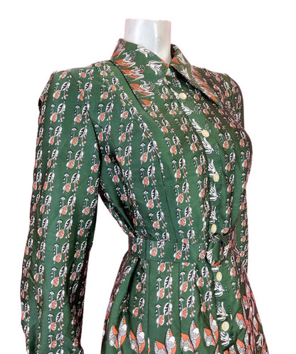 VINTAGE 60s 70s GREEN ORANGE WHITE FLORAL PSYCHEDELIC DAGGER SHIRT DRESS 14 16