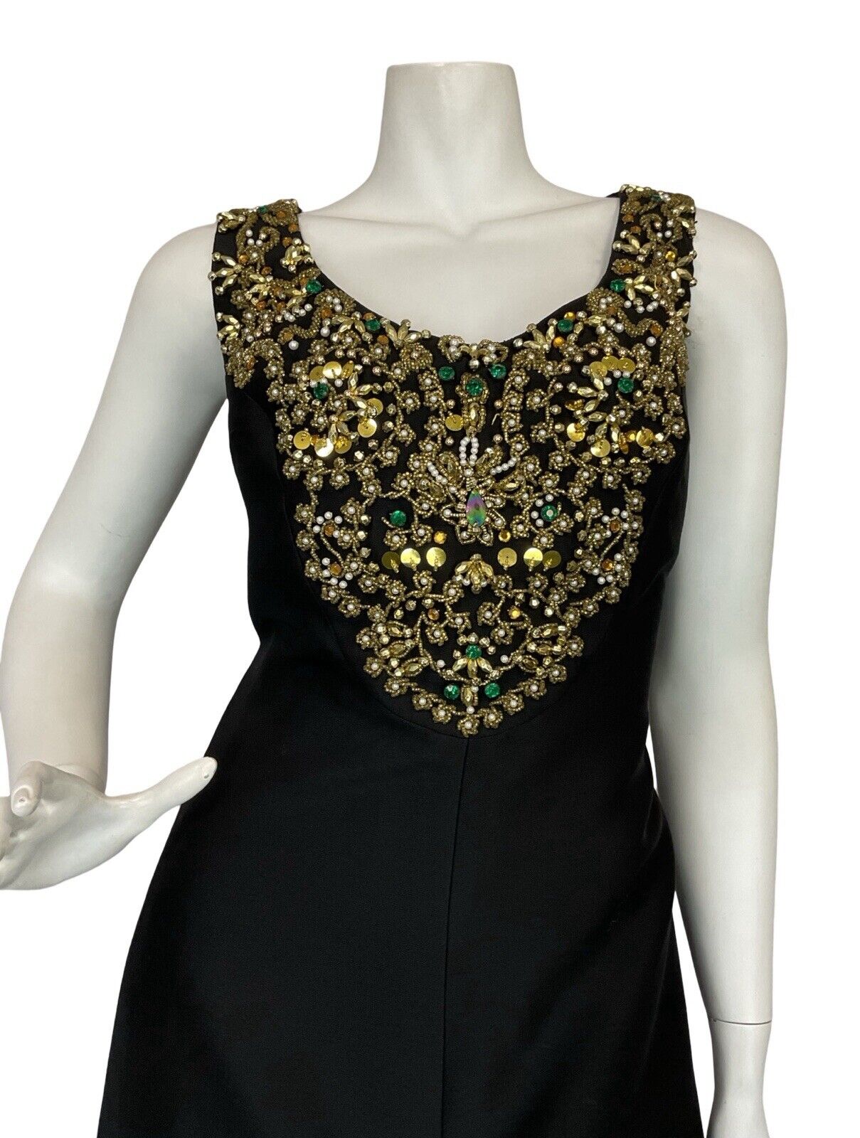 VTG 60S BLACK GOLD PEARL SEQUIN BEADED EMBELLISHED MAXI PARTY DRESS 10