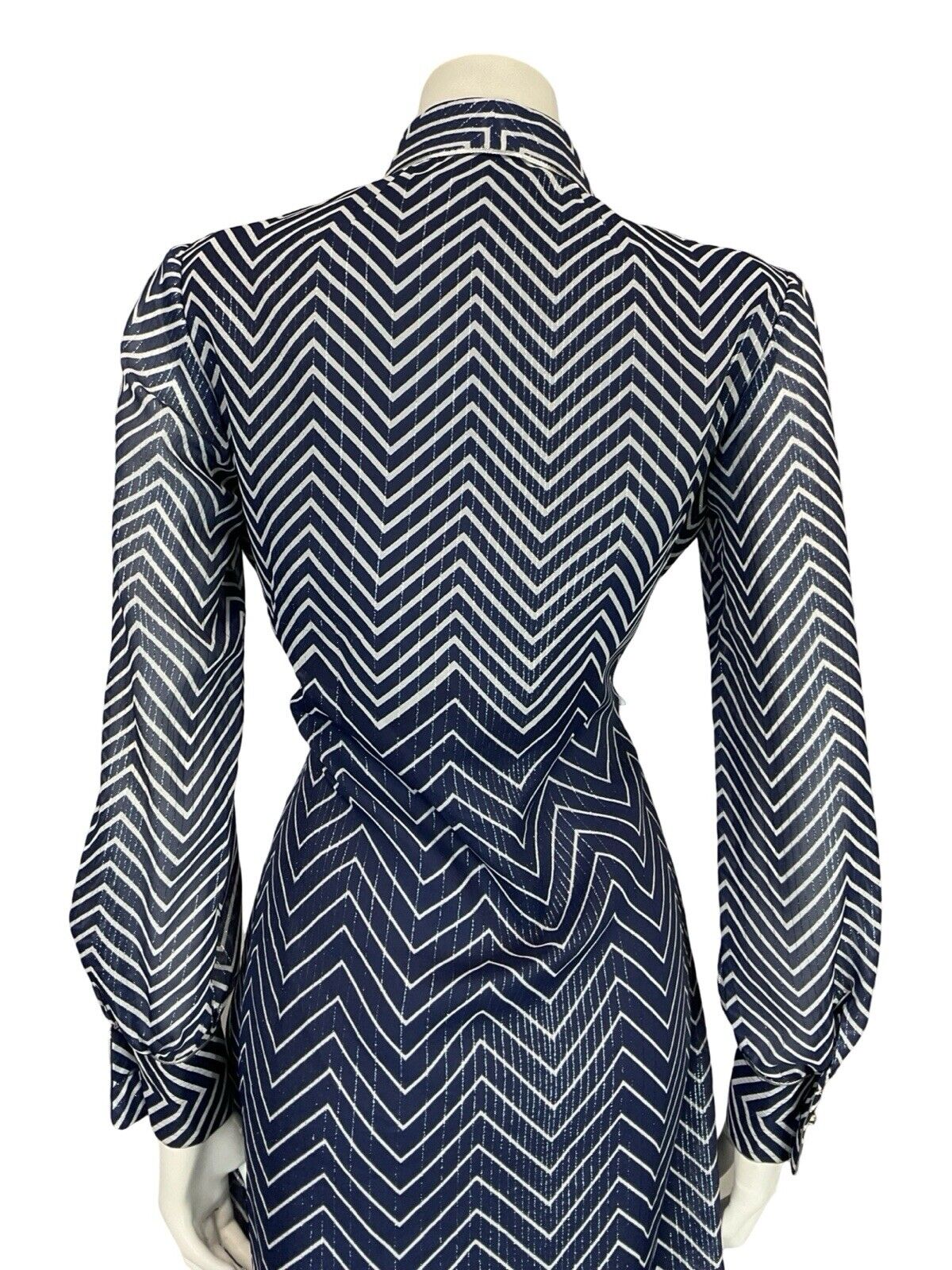 VTG 70S NAVY BLUE WHITE SPARKLE STRIPE DAGGER COLLAR PARTY SHIRT DRESS 12