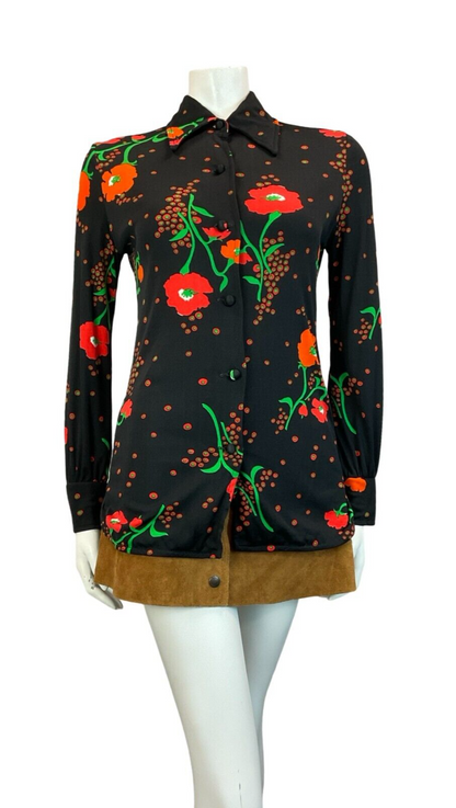 VTG BLACK RED GREEN FLORAL POPPY PSYCHEDELIC LONG SLEEVE SHIRT SIZE 8 10 S