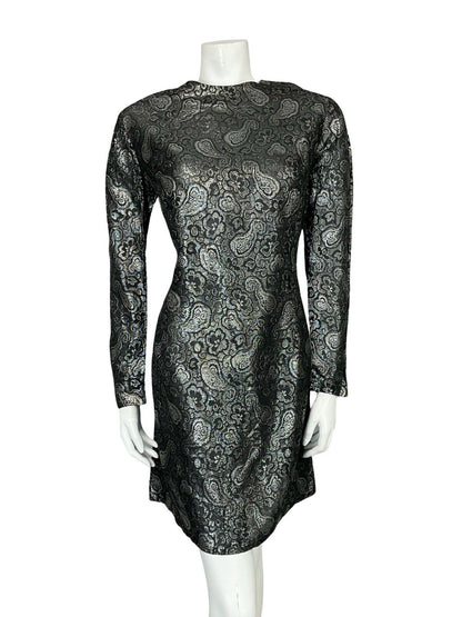 VTG 60S 70S GREY SILVER PAISLEY FLORAL BROCADE LONG SLEEVE PARTY MINI DRESS 14