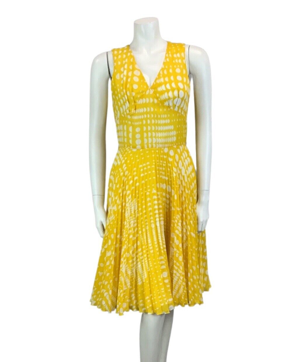 VINTAGE 60s 70s YELLOW WHITE POLKA DOT FLOATY PLEATED MIDI DRESS 10