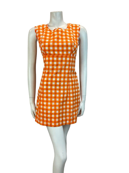 VTG 60S 70S MOD SCOOTER GOGO SUMMER SUN GINGHAM MINI DRESS ORANGE 10 12