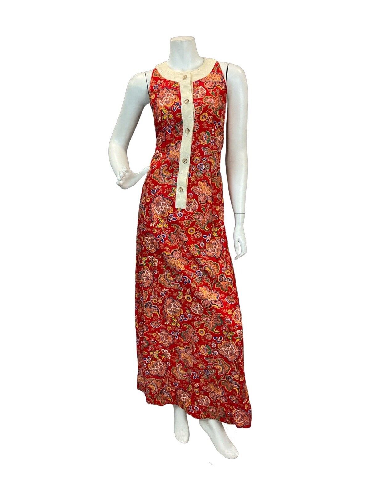 VTG 60s 70s LIBERTY HOUSE MADE IN HAWAII RED PAISLEY BOHO MAXI DRESS 6 8