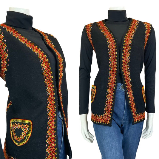 VTG 70S NORDIC BLACK RED YELLOW EMBROIDERED WOOL GILET WAISTCOAT 12 14 M