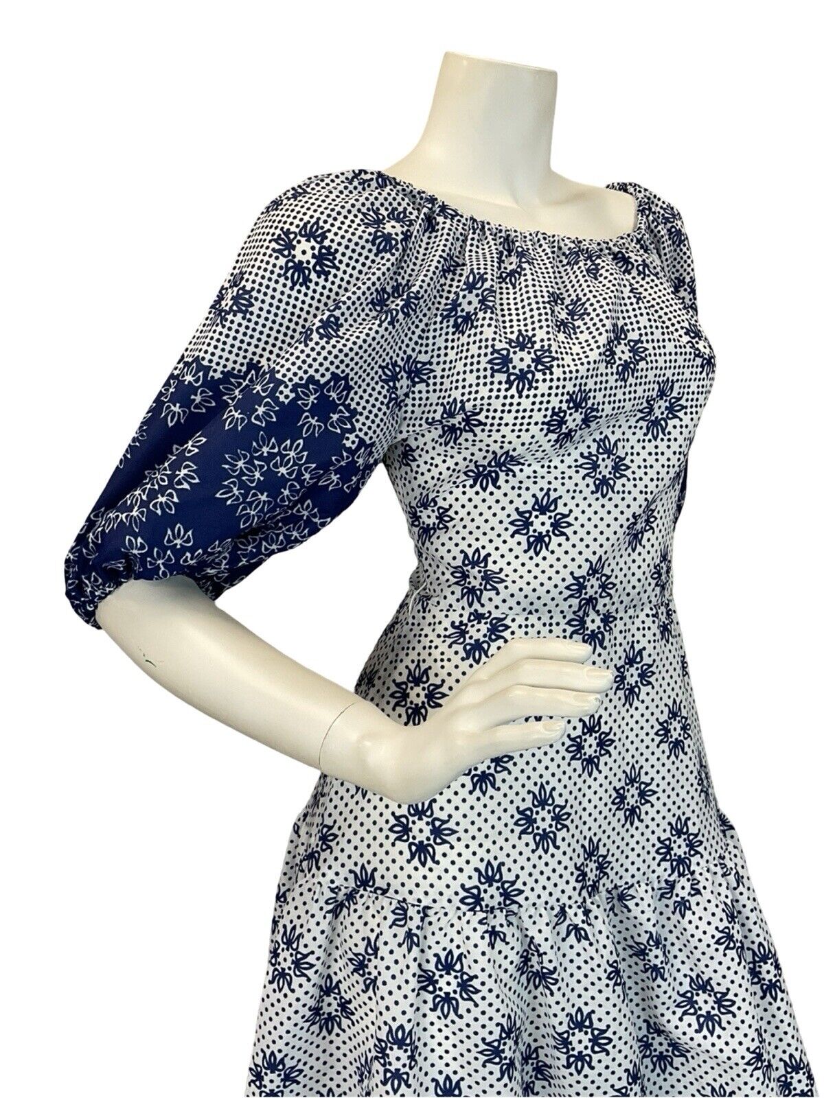 VTG 70S BLUE WHITE FLORAL PRINT SUMMER FOLK MAXI DRESS 6 8