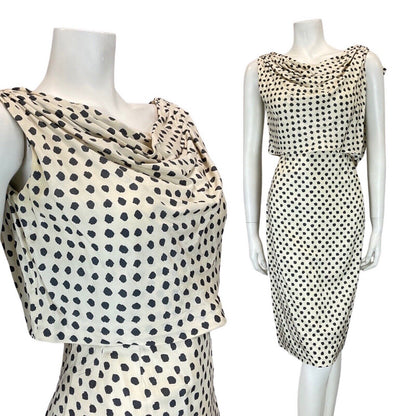 VINTAGE 60s IVORY BLACK POLKA-DOT PIERRE BALMAIN BY TORELLA WIGGLE DRESS 10 12