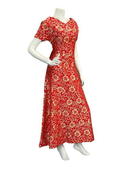 VTG 60S FOMR FITTING RED GOLD FLORAL EVENING PARTY SHORT SLEEVE MAXI DRESS 12