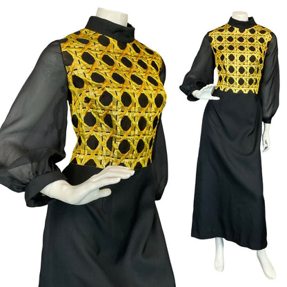 VTG 60S 70S BLACK GOLD MESH BALLOON SLEEVE GEOMETRIC PARTY EVENING MAXI DRESS 14